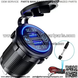 Quick Charge 3.0 Dual USB Charger Socket Waterproof 36W 12V 24V USB Outlet Fast Charge with Touch Switch & Blue LED DIY Kit for Car Boat Marine ATV Bus Truck Golf Cart and More