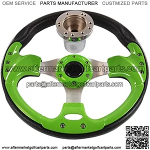 12.5 Inch Lime Green Racing Style Golf Cart Steering Wheel for EZGO 1994.5-Up Gas & Electric Models, Racing Style, Super Sport Center Logo, Brushed Aluminum Spokes and Anti-Slip Grip