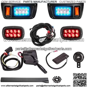 Golf Cart Deluxe LED Headlight Taillight Light Kit for Club Car DS, RGB Daytime Running Light Low High Beam Turn Signal Horn Brake Pad Hazard Light Function