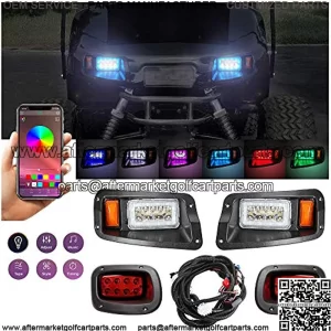 Golf Cart Deluxe LED Headlight &Taillight Kit for 2014 UP EZGO Freedom/T48/Valor, RGB Music Daytime Running Light, Turn Signal Low & High beam Hazard Light Brake Light Horn,16V-80V Input