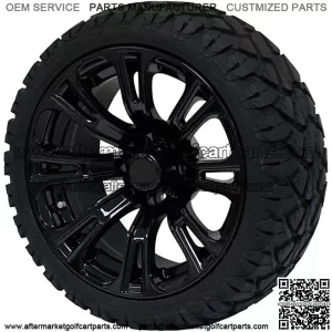 14" Black 'Voodoo' Golf Cart Wheels and 20"x8.5"-14 STINGER On-Road/Off-Road DOT rated All-Terrain tires - Set of 4, includes Black 'SS' center caps and 1/2x20 Black lug nuts