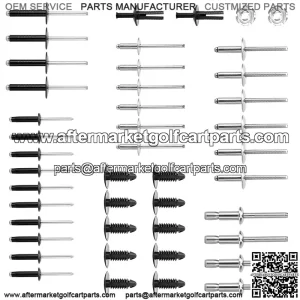 Complete Body Rivet Kit for EZGO TXT 1996-up Models, 42 PCS Aluminum Rivets, Stainless Steel Rivets & Plastic Ratchet Fastener, 2 PCS Nameplate Nuts