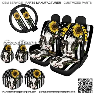 Sunflower Cow Car Seat Covers Full Set for Women Men with Steering Wheel Covers Pad Coaster Front Rear Back Bench Seatcover Protection Automotive Accessories Combo Kit Universal Fit Decor